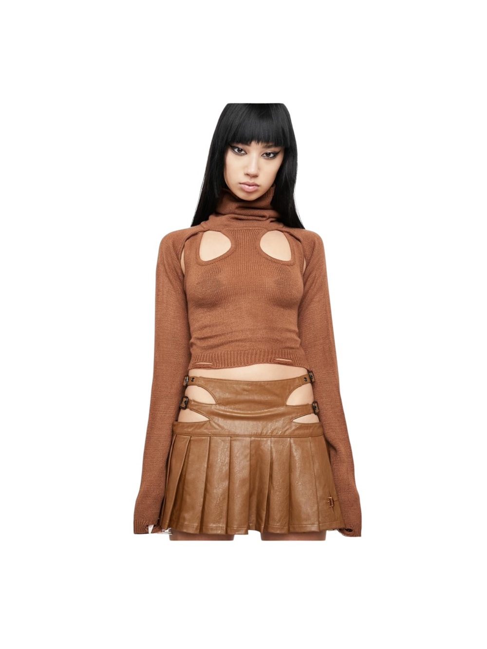 DARKER WAVS Atmosphere Knit Cut Out Turtleneck Sweater XS Brown Y2K Desert Goth